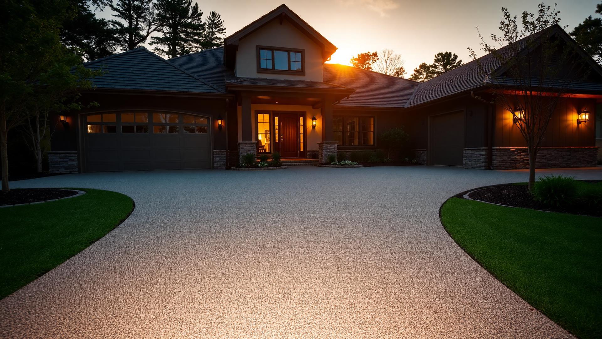 Finished concrete driveway in front of a modern home at dusk
